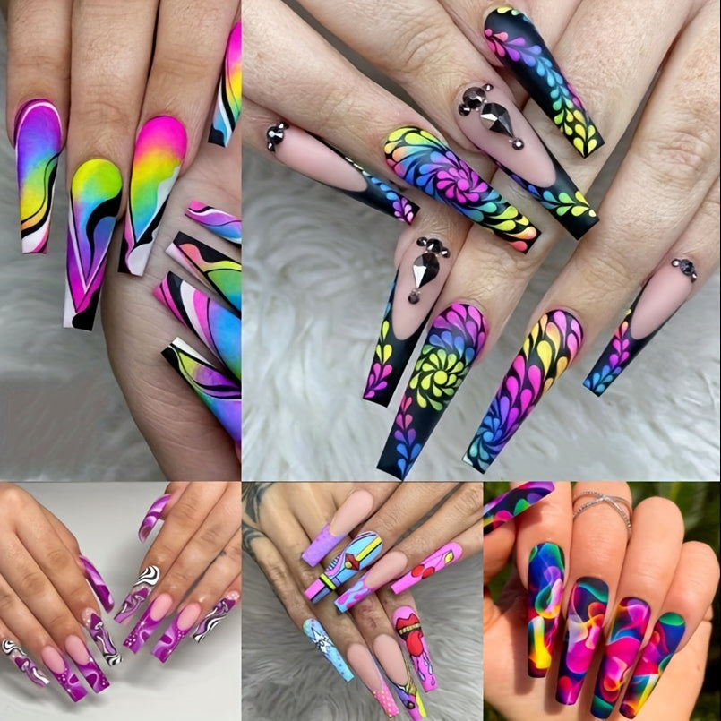 120pcs Acrylic Press On Nails Long Coffin Fake Nails with Nails Glue Long Ballet False Nails with Water Ripple Rainbow Designs Colorful Full Cover Artificial Nails Press Ons Stick On Nails 24pcs